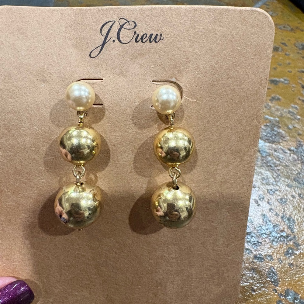 J.Crew Gold Ball Drop Earrings w/ Faux Pearl Stud – Statement Dangle – NWOT